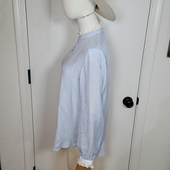 J. Crew Blue & White Striped Cupro Blend Button-Up Shirt Ruffle Trim Size Small - Picture 6 of 13